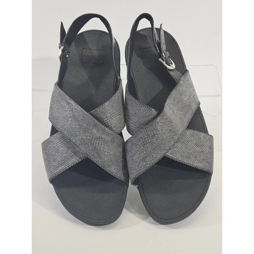FitFlop Lulu Sandals Womens 10 Silver Snakeskin Metallic Slingback Wedge K54-547